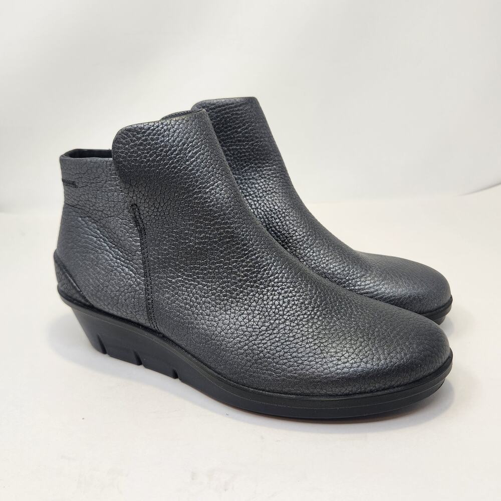 Ecco Sklyer Metallic Silver Leather Wedge Ankle Boots Women Size 37 US 6 Comfort